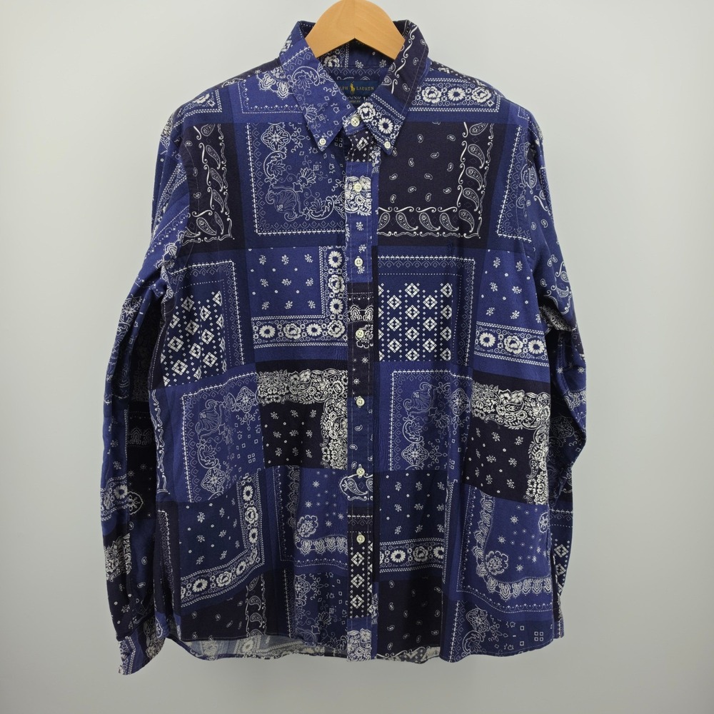 Ralph Lauren Mens XXL Classic Fit Bandana Paisley Patchwork Blue Cotton Shirt